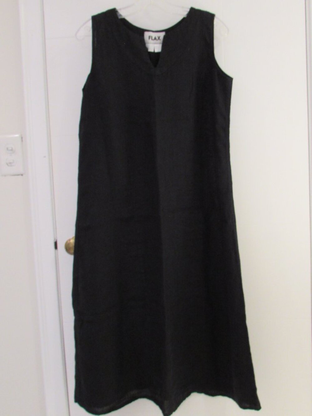 FLAX Black 100% Linen V-neck Sleeveless Midi Dress Medium